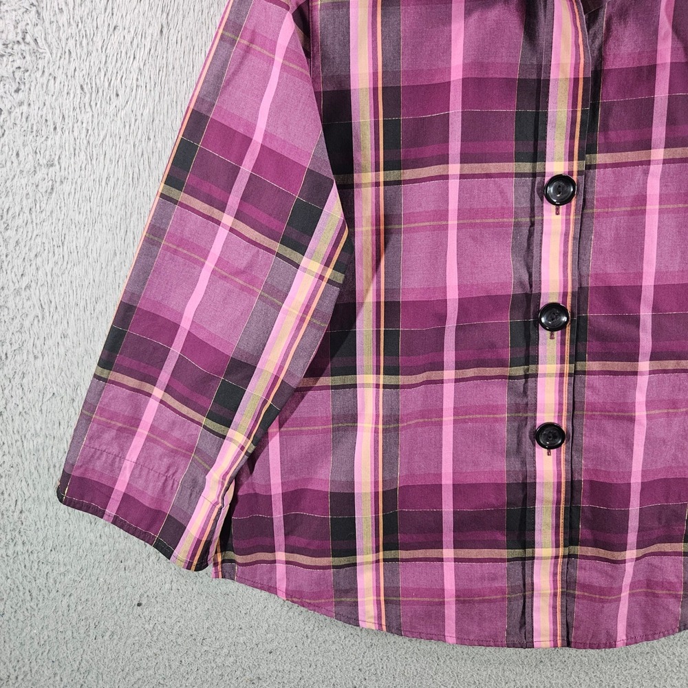 Foxcroft Petite 14P Purple Pink Plaid Wrinkle Free Button Up Shirt Metallic Gold - Picture 2 of 9